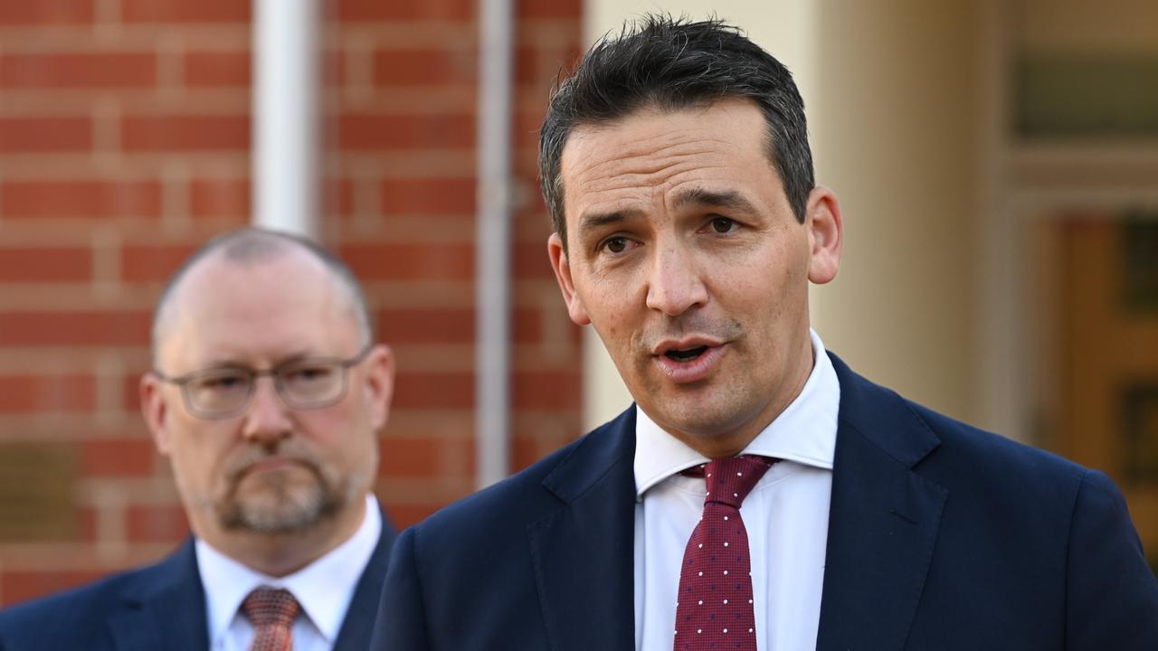 Education Minister Blair Boyer (centre) at Kilkenny Primary School with his department chief executive Professor Martin Westwell. Authorities say teaching has become more complex. Picture: NCA NewsWire / Naomi Jellicoe