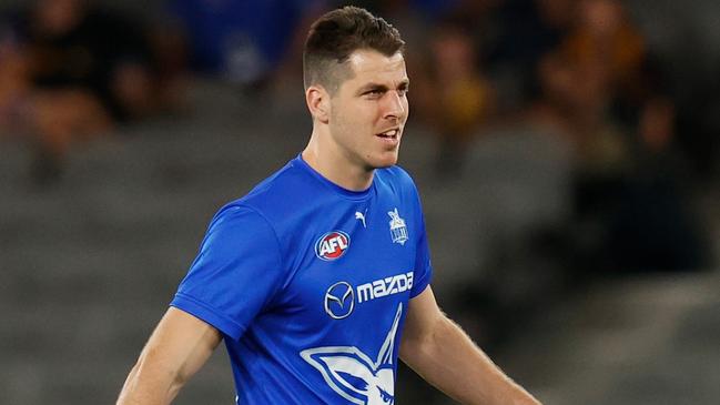 MELBOURNE, AUSTRALIA - MARCH 27: Tristan Xerri of the Kangaroos looks on during the 2022 AFL Round 02 match between the North Melbourne Kangaroos and the West Coast Eagles at Marvel Stadium on March 27, 2022 In Melbourne, Australia. (Photo by Michael WillsonAFL Photos)