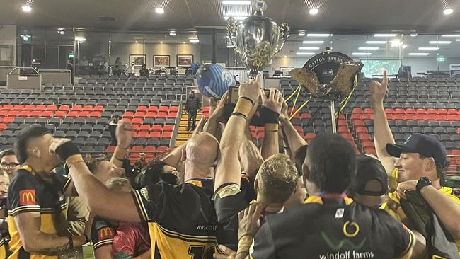 Gatton Hawks celebrate the 2024 Toowoomba Rugby League grand final win.
