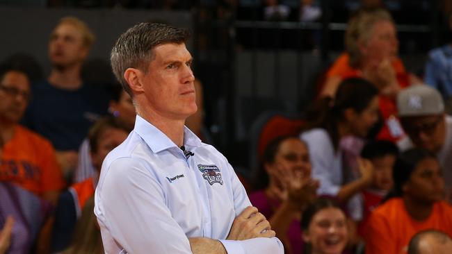 Taipans head coach Mike Kelly watches the National Basketball League (NBL) match between the Cairns Taipans and the Adelaide 36ers, held at the Cairns Convention Centre. PICTURE: BRENDAN RADKE