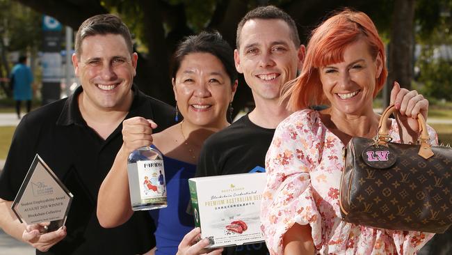 Gold coast business people love using Blockchain. Left to right they are Austin Lewissmith, Debby Lo-Dean, Nathan Burns, and Lou McGregor. Picture Glenn Hampson