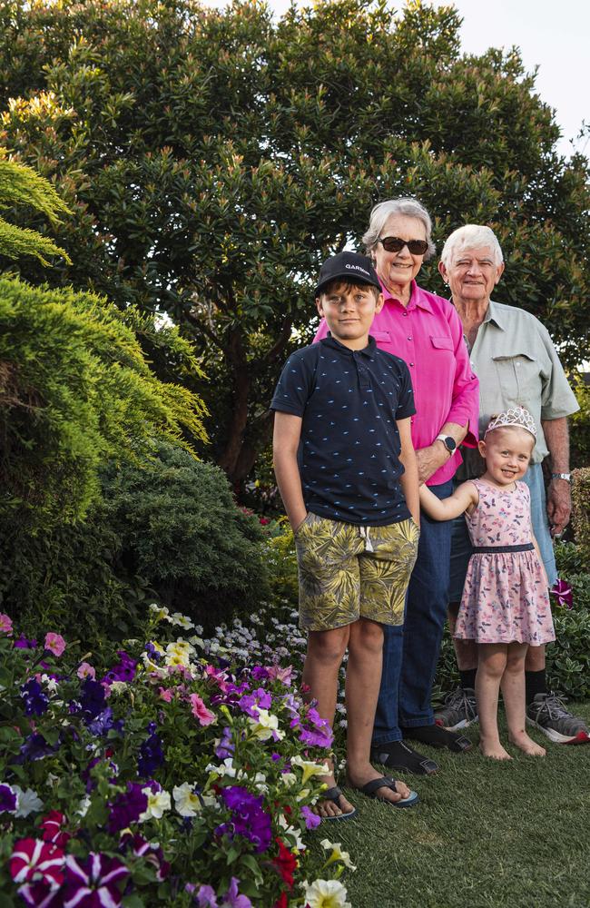 Margaret and John Campbell with their grandkids Edwin and Lavinia Campbell in The Chronicle Garden Competition City Reserve Grand Champion garden of Cheryl Ganzer during the Carnival of Flowers, Saturday, September 21, 2024. Picture: Kevin Farmer