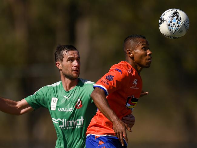 Jheison Macuace (right) in action for Lions FC in September. Picture: Albert Perez/Getty Images