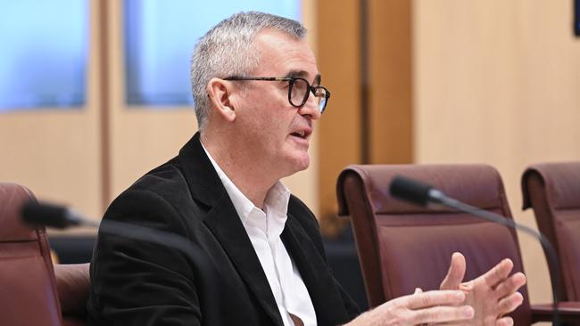 Woolworths chief Brad Banducci appearing before the Senate Select Committee on Supermarket Prices. Picture: Martin Ollman.