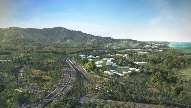 An artist impression of the Coffs Harbour Bypass showing the Korora Hill Interchange.