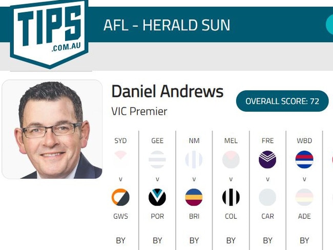 Even a pandemic can't stop Daniel Andrews from making sure his AFL tips are in. Picture: Supplied