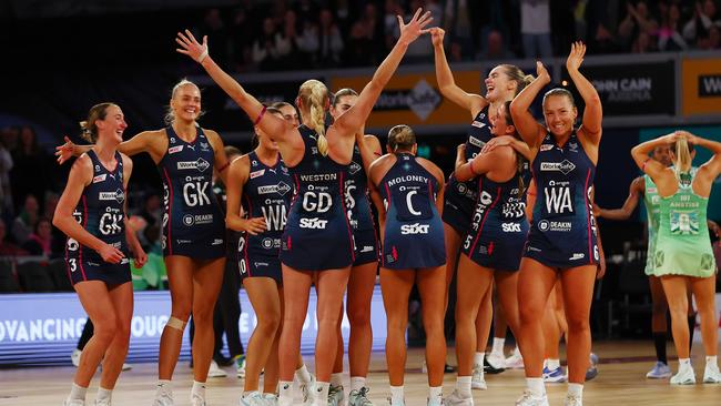 The Vixens celebrate after their preliminary final win over the West Coast Fever. Picture: Graham Denholm/Getty Images