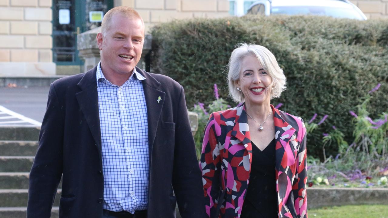 Greens candidate Vica Bayley and Greens acting leader Rosalie Woodruff on Parliament Lawns in Hobart on Friday, July 14, 2023.