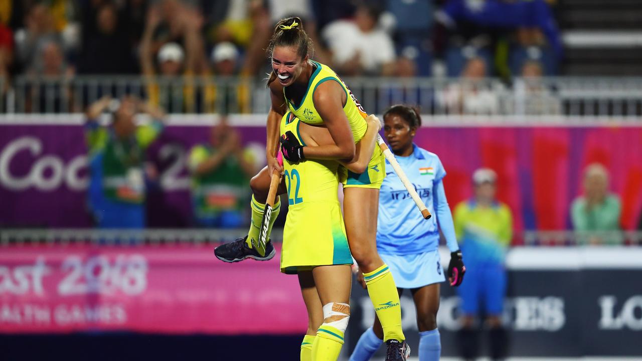 Grace Stewart celebrates scoring against India in the semi final (Photo by Dean Mouhtaropoulos/Getty Images)