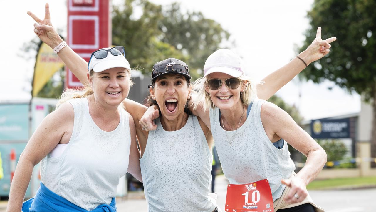 We Walk for Wine members (from left) Lin Rodrigo, Leyre Farrar and Angela de Gunst after completing the Run the Range Milne Bay Challenge hosted by Toowoomba Metropolitan Rotary Club, Sunday, May 7, 2023. Picture: Kevin Farmer