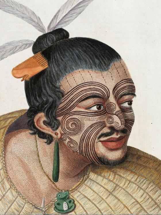 The Head of a Chief of New-Zealand, the face curiously tataow'd, or mark'd, according to their Manner. Illustration by Sydney Parkinson. Source: S.P.Lohia Collection