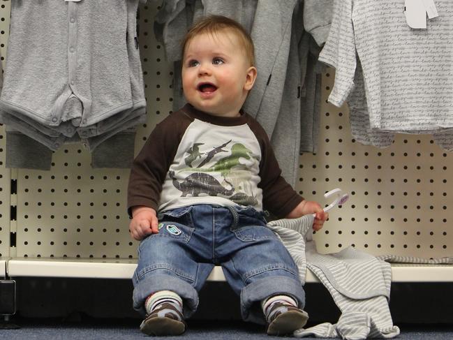 SA woman Hazel Vandeleur, Saddleworth with her son Jack, 9 months, shopping for baby clothes at 'Baby Bunting' store in Gepps Cross.