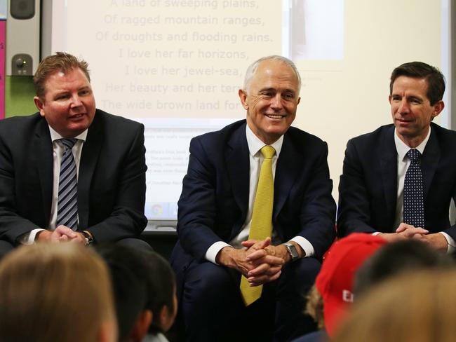 Prime Minister Malcolm Turnbull visits North Strathfield Public School with Minister for Education Simon Birmingham (R) and Member for Reid, Craig Laundy. Picture: Toby Zerna