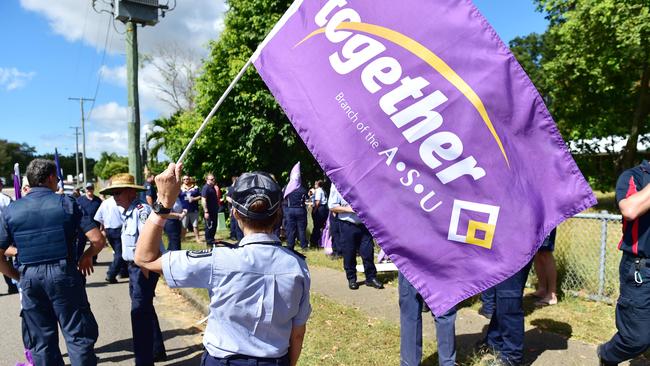 Custodial correctional officers at the Townsville prison strike for better wages and conditions. Picture: Shae Beplate.