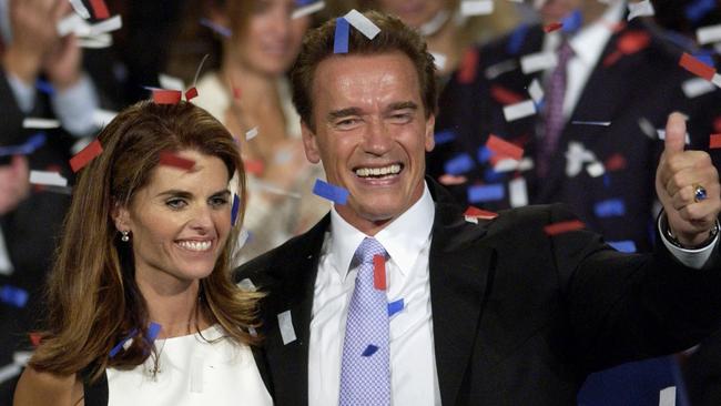 Arnold Schwarzenegger and Maria Shriver as he celebrates his victory in the California gubernatorial recall election in Los Angeles in 2003.