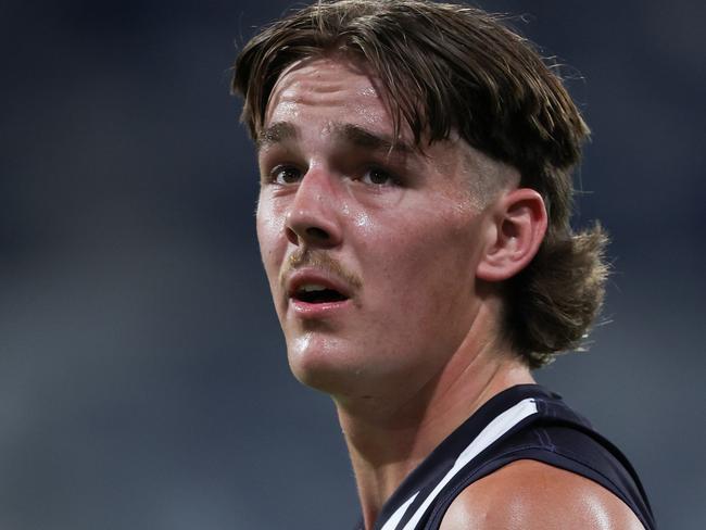 GEELONG, AUSTRALIA - MARCH 28: Will Mclachlan of the Falcons in action during the 2024 Coates Talent League Boys Round 2 match between the Geelong Falcons and GWV Rebels at GMHBA Stadium on March 28, 2024 in Geelong, Australia. (Photo by Rob Lawson/AFL Photos)