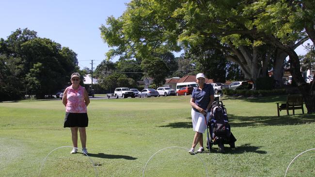 GOLFING GALS: Lismore Women's Golf Club member Nola Lobban and club captain Cheryl Booker said following social-distancing guidelines allows their players to enjoy playing the game which is beneficial for physical and mental health. Photo: Alison Paterson