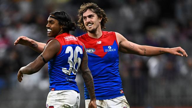 PERTH, AUSTRALIA - JULY 29: Kysaiah Pickett and Luke Jackson of the Demons celebrates a goal during the 2022 AFL Round 20 match between the Fremantle Dockers and the Melbourne Demons at Optus Stadium on July 29, 2022 in Perth, Australia. (Photo by Daniel Carson/AFL Photos via Getty Images)