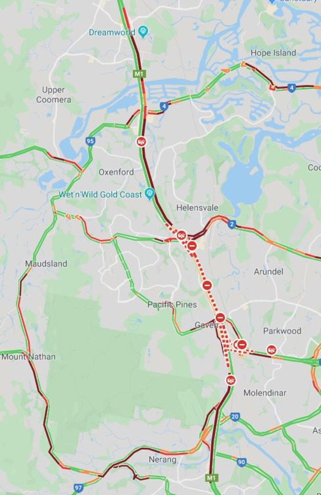 Google Maps screen shot taken at 2.50pm showing traffic backing up on multiple roads across the region following the crash at Helensvale.