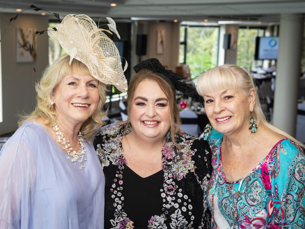 At the Melbourne Cup luncheon are (from left) Maree Schwerin, event co-MC Kim Stokes and Kaye Foley of Kaye Foley Modelling Academy and Agency hosted by Rotary Club of Toowoomba City raising funds for Protea Place, Tuesday, November 1, 2022. Picture: Kevin Farmer