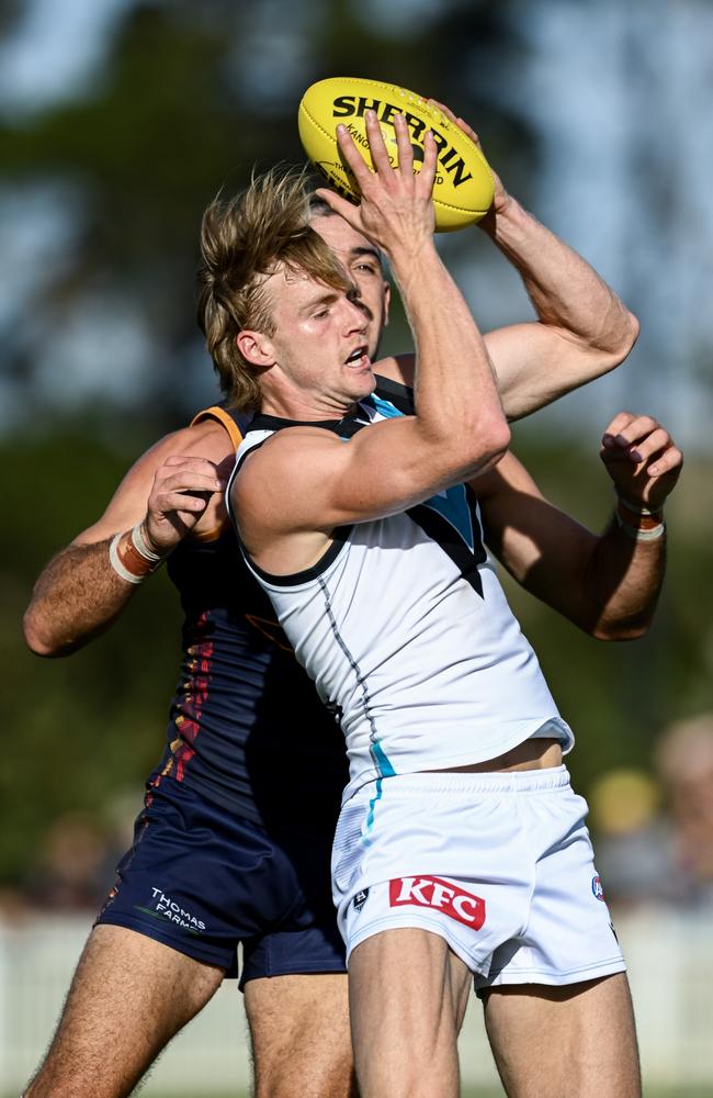 Miles Bergman played tall in Port Adelaide’s defence on Friday. Picture: Mark Brake/Getty Images