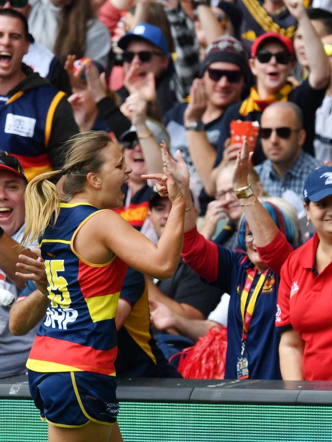 Danielle Ponter celebrates with the crowd at Adelaide Oval after scoring a goal during the AFLW Grand Final against Carlton. Picture: AAP IMAGE/DAVID MARIUZ