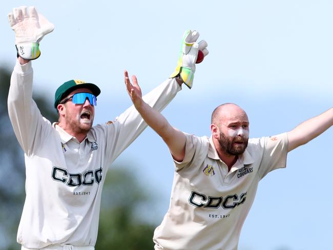 Carrum Downs players appeal unsuccessfully for a wicket during the Mornington Peninsula Cricket Association match between Carrum Downs and Balnarring at Carrum Downs Recreation Reserve, on November 16, 2024, in Melbourne, Australia. (Photo by Josh Chadwick)