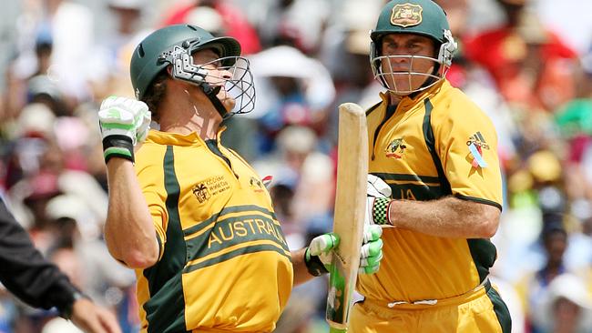 Adam Gilchrist celebrates his century in the 2007 World Cup final.