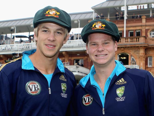 LONDON, ENGLAND - JULY 13: Debutants Tim Paine (L) and Steven Smith of Australia with their Baggy Green Caps ahead of day one of the First Test between Pakistan and Australia at Lords on July 13, 2010 in London, England. (Photo by Hamish Blair/Getty Images)