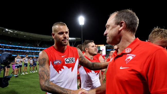 **ONE TIME USE ONLY - FEES APPLY**  Sydney's Lance Franklin leaves the field with coach John Longmire at the end of the match after he kicked his 1000th AFL career goal during the Round 2 AFL match between the Sydney Swans and Geelong Cats at the SCG on 25th March 2022. Buddy becomes the 6th player in history to reach the 1000 goal milestone. Photo by Phil Hillyard (**Editorial use in season 2022. Fee applies thereafter**)(**NO ON SALES**-  Â©Phil Hillyard)