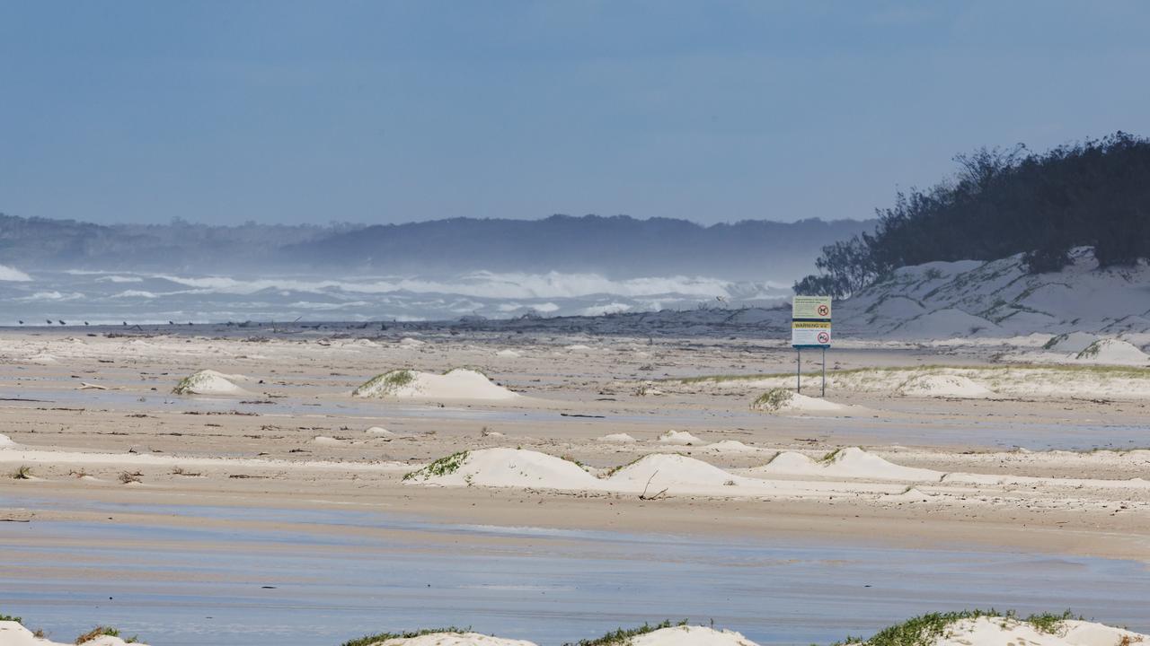 Erosion at the mouth of the Pumicestone Passage looking towards Bribie Island on Tuesday as Cyclone Alfred continues to approach south east Queensland. Picture Lachie Millard