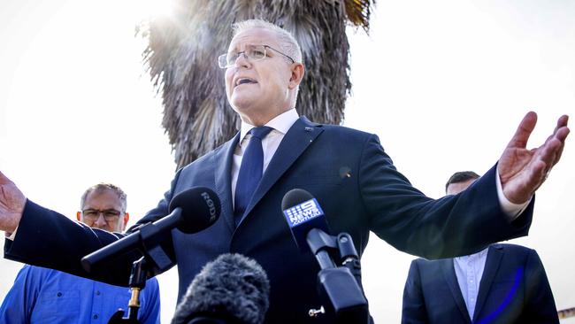 PORTLAND, VICTORIA, AUSTRALIA - NewsWire Photos MARCH 19, 2021.The Hon. Scott Morrison MP Prime Minister visits the Portland Aluminium smelter, to announce funding. PM Scott Morrison speaking at the press conference. Picture: NCA NewsWire / Nicole Cleary