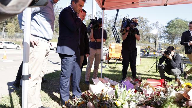 NSW Health Minister Ryan Park with Cessnock MP Clayton Barr (left) and Cessnock Mayor Jay Suvaal (right) visit at the scene following the tragedy. Picture: Jonathan Ng