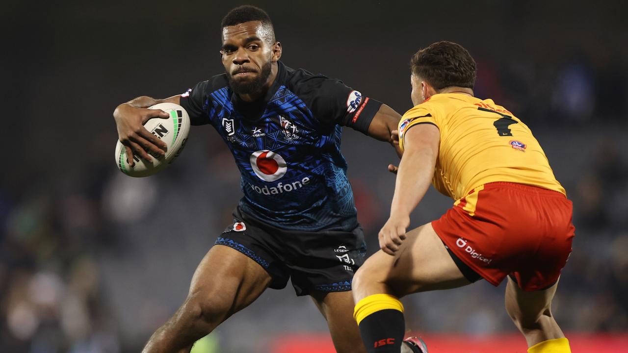 SYDNEY, AUSTRALIA - JUNE 25: Sunia Turuva of Fiji runs the ball during the Men's International Test Match between Papua New Guinea and Fiji at Campbelltown Sports Stadium on June 25, 2022 in Sydney, Australia. (Photo by Mark Kolbe/Getty Images)