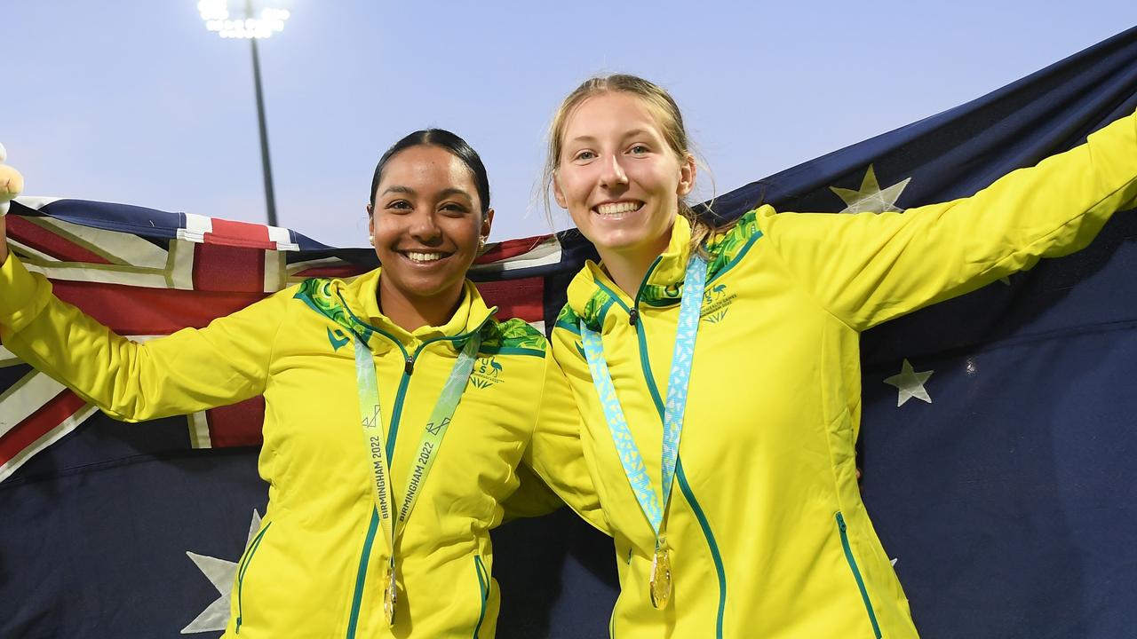 Australian gold medallists Alana King (left) and Darcie Brown (right) may miss out on another shot at Commonwealth Games glory, with cricket set to be scrapped from the event. Picture: Alex Davidson / Getty Images