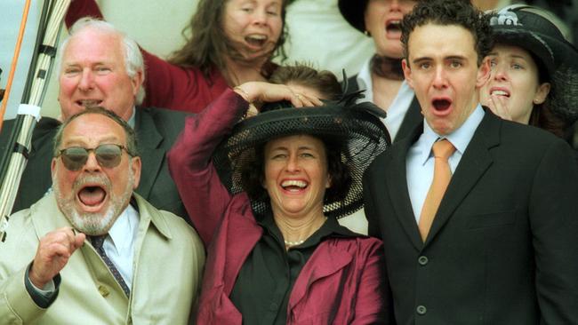 Sheila Laxon (centre) with son John (right) when Ethereal won the 2001 Melbourne Cup.