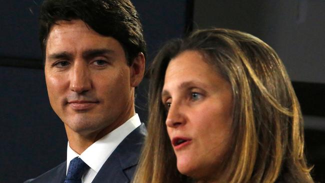 Canada's Prime Minister Justin Trudeau with Deputy PM and Minister of Foreign Affairs Chrystia Freeland. Picture: AFP.