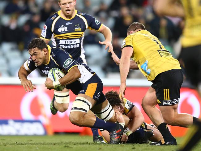 The Brumbies’ Blake Enever is tackled during their victory over the Hurricanes. Pic: Getty