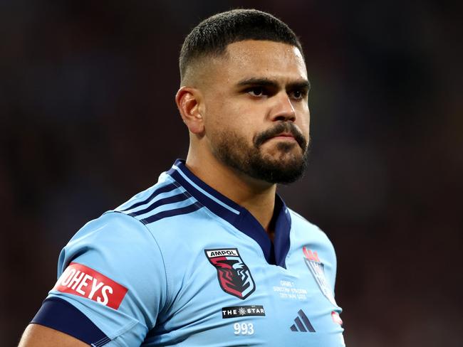 BRISBANE, AUSTRALIA - MAY 28: Latrell Mitchell of the Blues looks on during game one of the Men's State of Origin series between Queensland Maroons and New South Wales Blues at Suncorp Stadium on May 28, 2025 in Brisbane, Australia. (Photo by Chris Hyde/Getty Images)