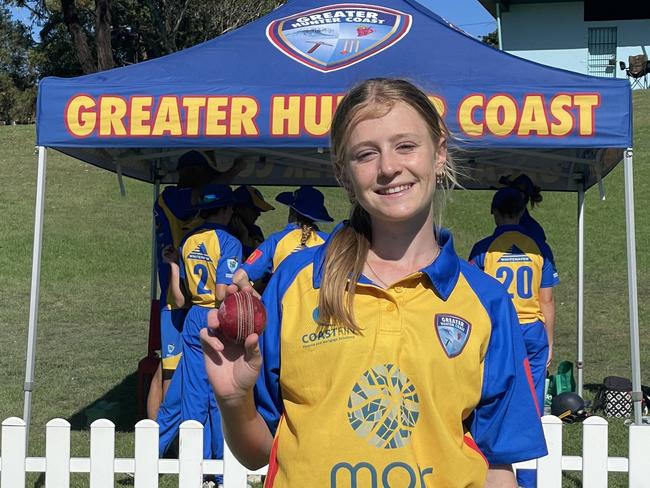 Christine Fernance after her hat-trick for Greater Hunter against the Southern Swans. Picture: Jason Hosken