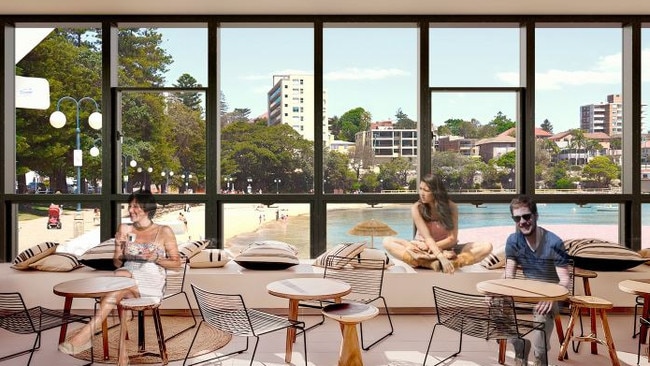 An artist impression of the view from the upstairs cafe at a Bali-style beach club at Manly. It is a concept proposed for the redevelopment of the Manly Surf n Slide site at Manly Cove. Picture: Supplied.