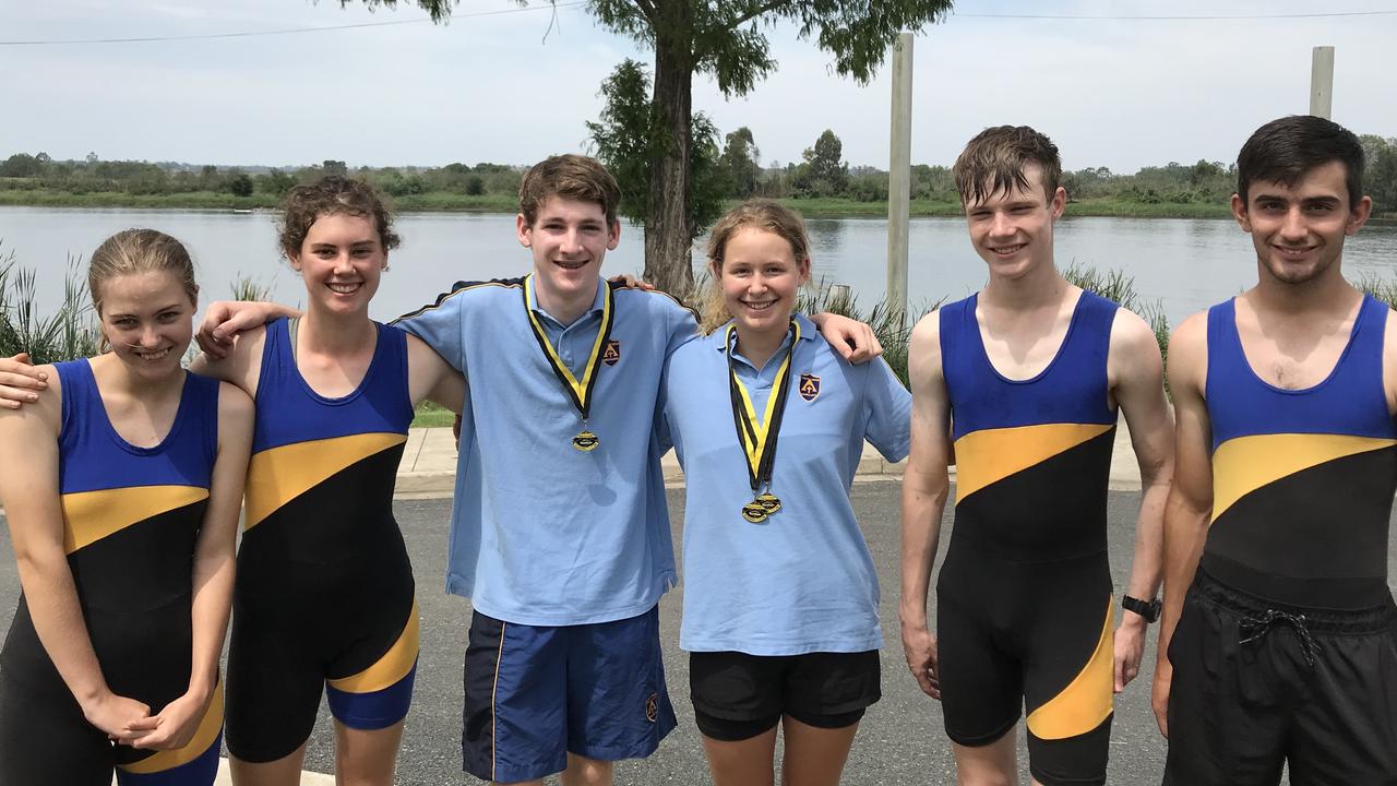 Trinity College Lismore rowers Olivia Crick, Molly Green, William Garland, Drue Gorman, Dillon Zwiers and Liam Moloney at the 2020 Grafton Rowing Club Regatta.