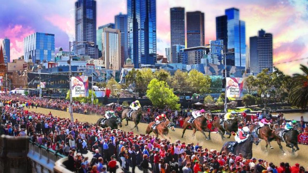 The odd were stacked against a radical plan for a horse racing event that would have seen thoroughbreds sprint along Melbourne city streets. (Digitally altered image.)