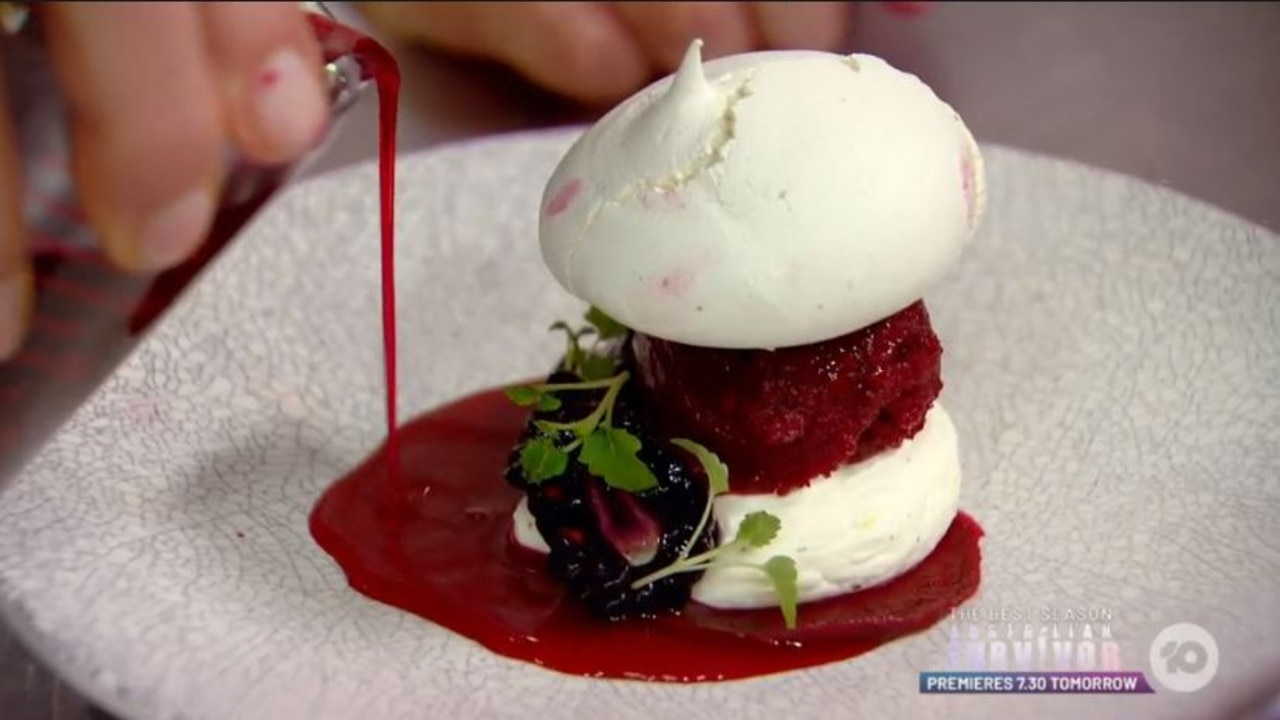 She manages to fix the dessert by flipping the meringue and defrosting the sorbet with hot water.