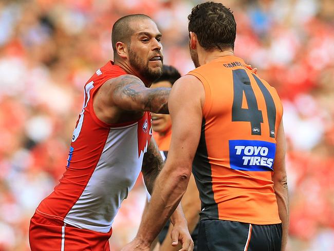 Sydney's Lance Franklin and GWS Giants Shane Mumford push and shove during the Qualifying Final between Sydney Swans and GWS Giants at ANZ Stadium, Homebush. Picture: Toby Zerna