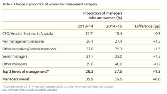 Change in proportion of women by management category. Picture: Workplace Gender Equality Agency