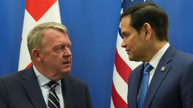 Denmark's Foreign Affairs Minister Lars Lokke Rasmussen speaks with Marco Rubio at NATO's headquarters in Brussels on April 3. Picture: AFP