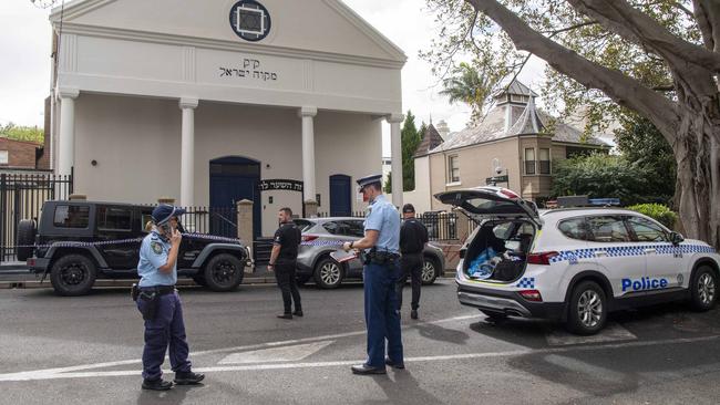 Police outside the Newtown Synagogue where a crime scene has been established. Picture: Simon Bullard