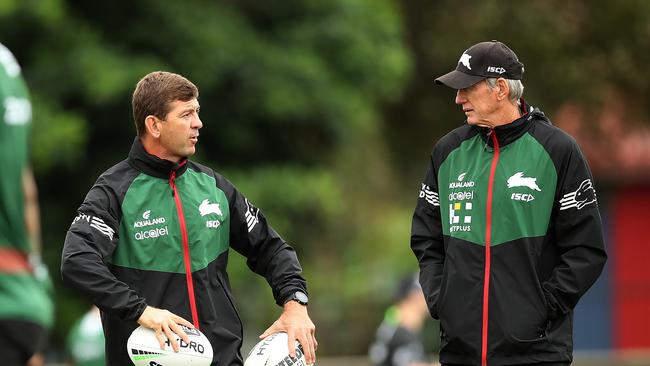 Assistant coach Jason Demetriou with Wayne Bennett during South Sydney Rabbitohs training ahead of their first game of the season against the Sharks.  Picture. Phil Hillyard