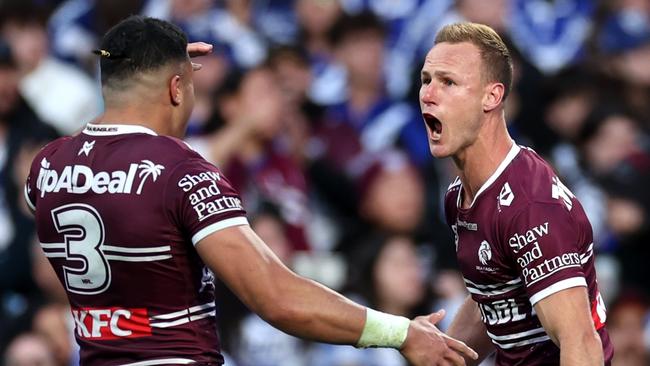 SYDNEY, AUSTRALIA - SEPTEMBER 15: DalyÃÂ Cherry-Evans of the Sea Eagles celebrates after scoring a try during the NRL Qualifying Final match between Canterbury Bulldogs and Manly Sea Eagles at Accor Stadium on September 15, 2024 in Sydney, Australia. (Photo by Cameron Spencer/Getty Images)